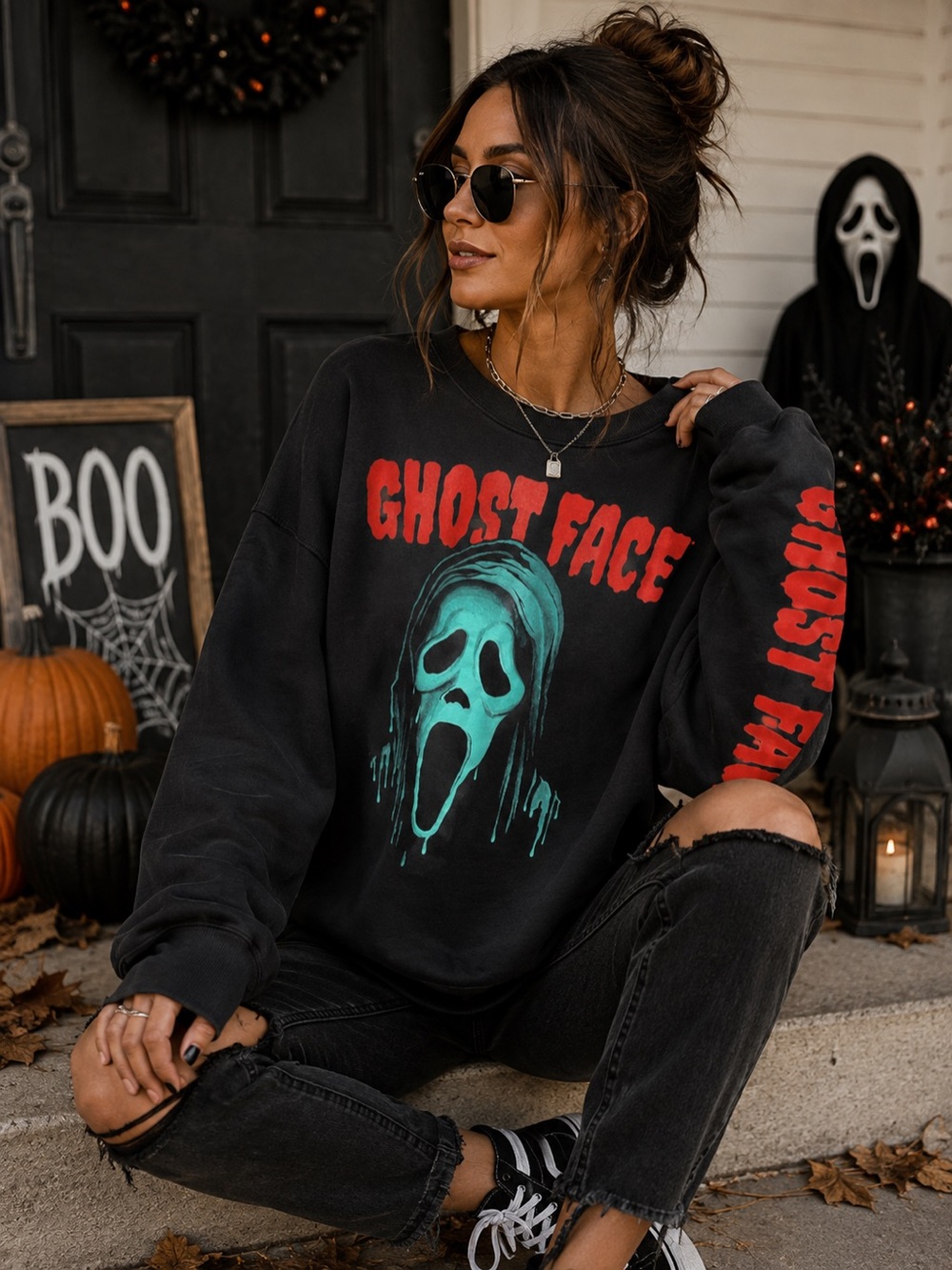 Bioworld Ghost Face Scream Graphic Crewneck Sweatshirt Black XL NWOT